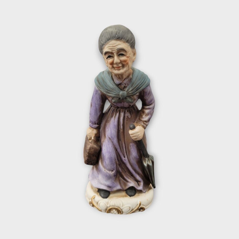Vintage Ceramic Figurine Elderly Woman Carryingβ Umbrella and Basket 7" - Japan